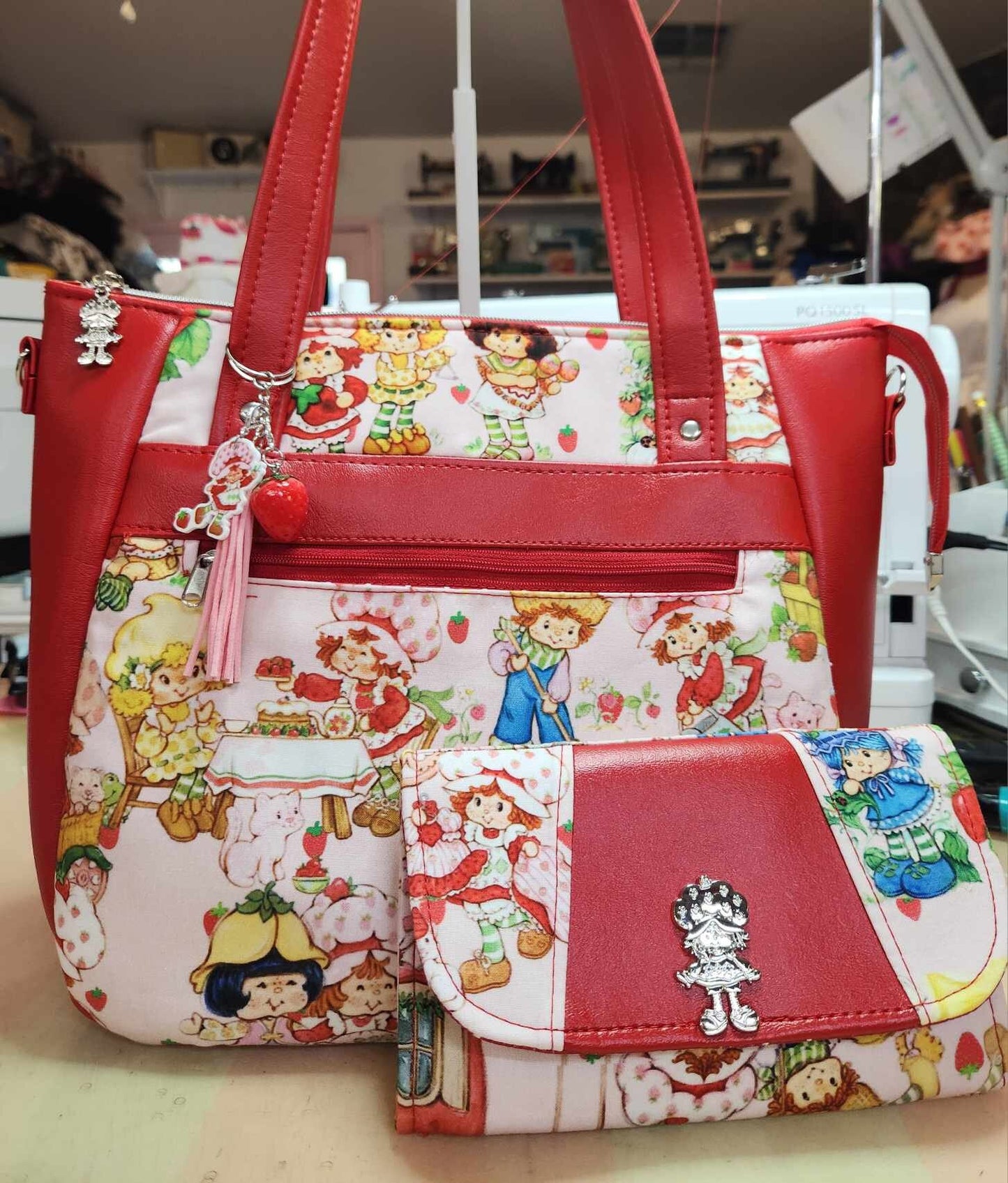 Scented Option! Pink Background, Strawberry Girl Friends Large Handbag