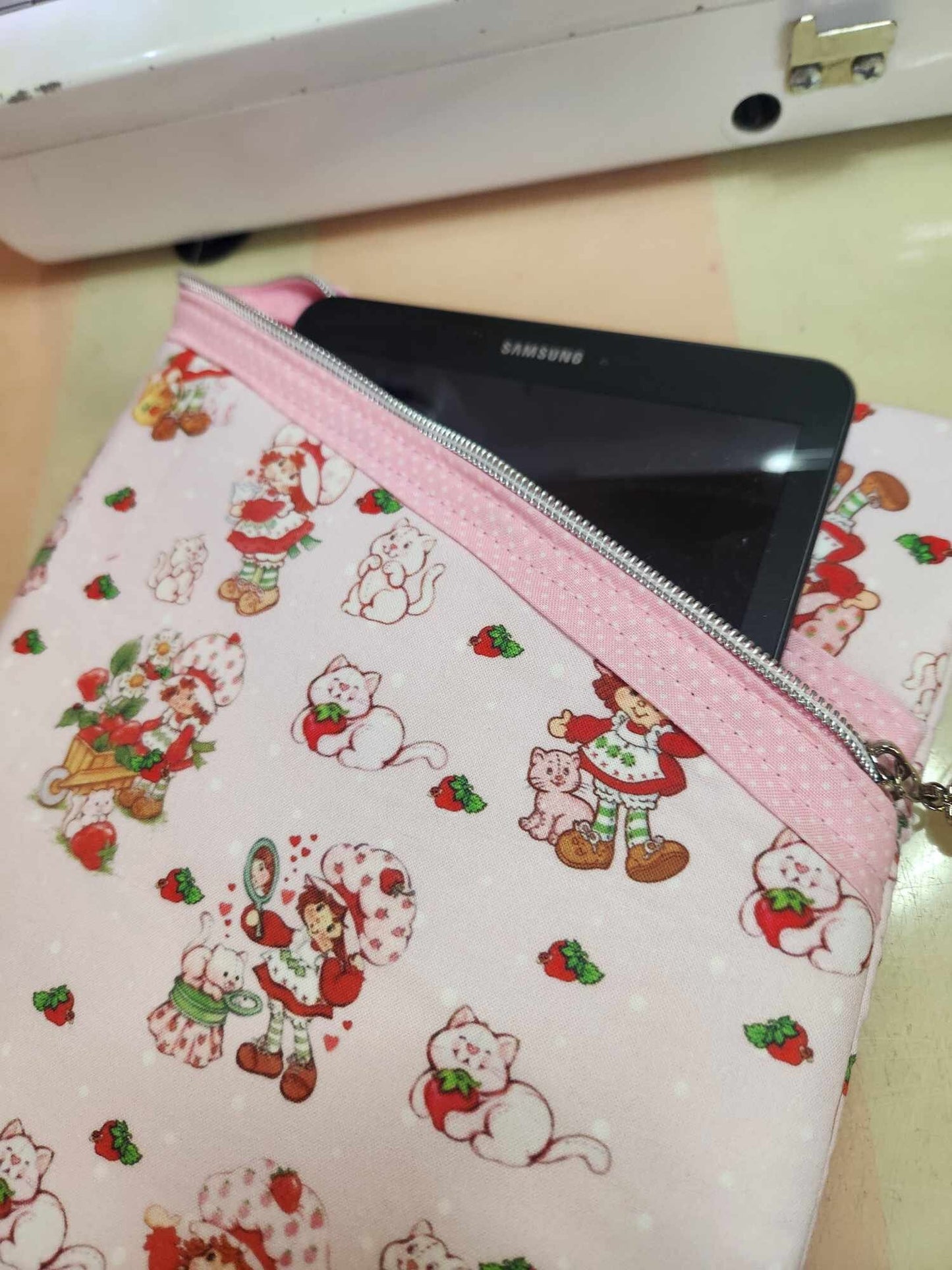 Strawberry Girl & Cat Diagonal Zippered Pouch for E-Readers, Tablets, iPads, & Sunglasses