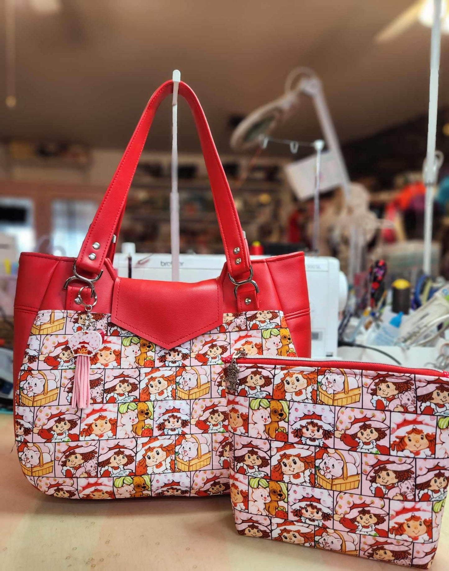 Scented Option! Strawberry Gir Faces, Large Handbag, Shoulder, Custom Handbag, Purse, 80's Cartoon, SewAdrienneY
