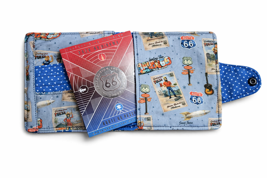 Buck Atoms Greetings Postcard Route 66 Tulsa Passport Wallet