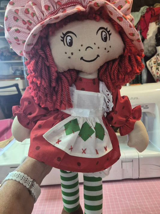 Handcrafted Strawberry Shortcake-Inspired Rag Doll • Made from a Vintage 1980s Sewing Pattern • 21" Collectible Doll
