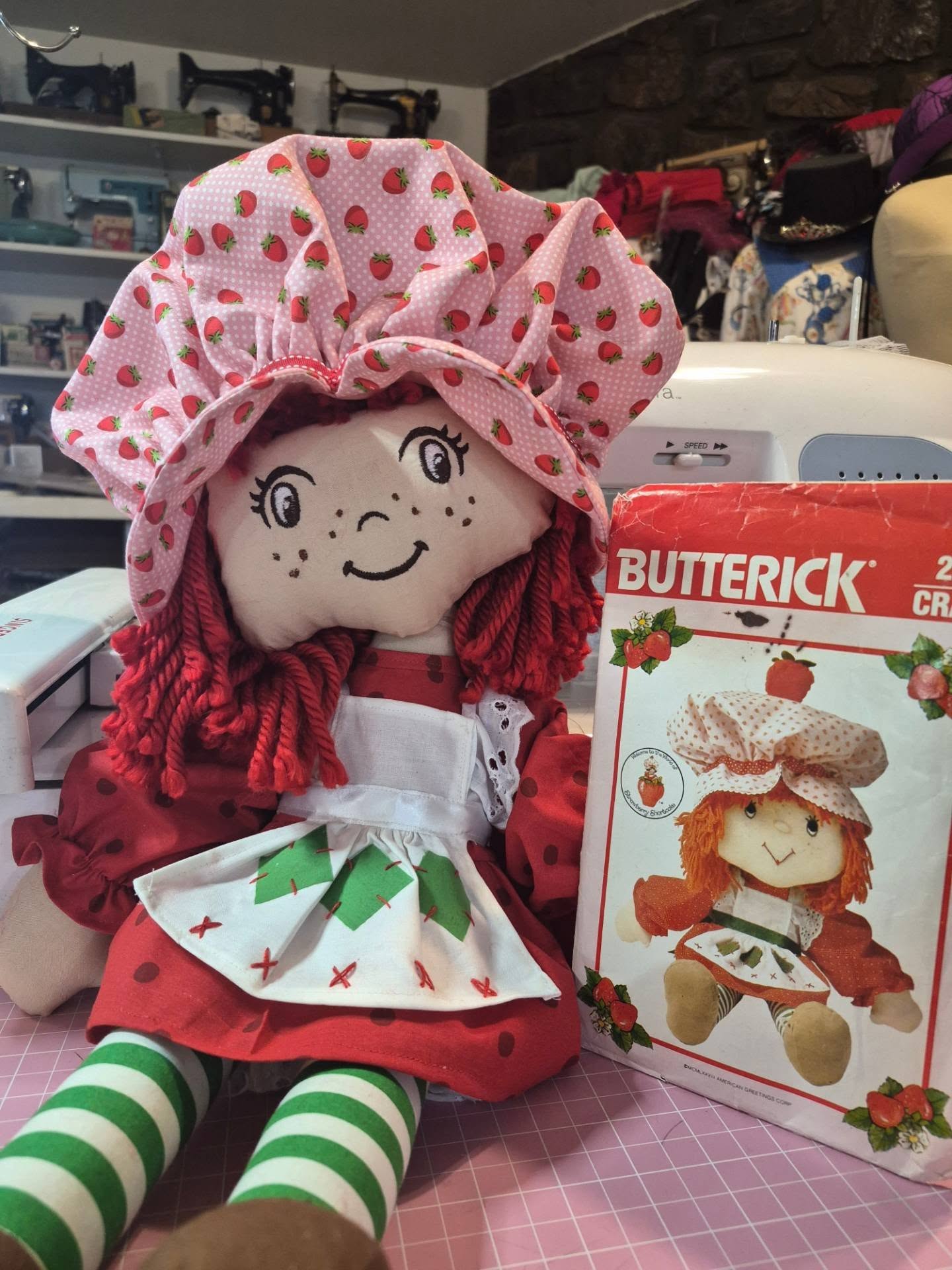 Handcrafted Strawberry Shortcake-Inspired Rag Doll • Made from a Vintage 1980s Sewing Pattern • 21" Collectible Doll