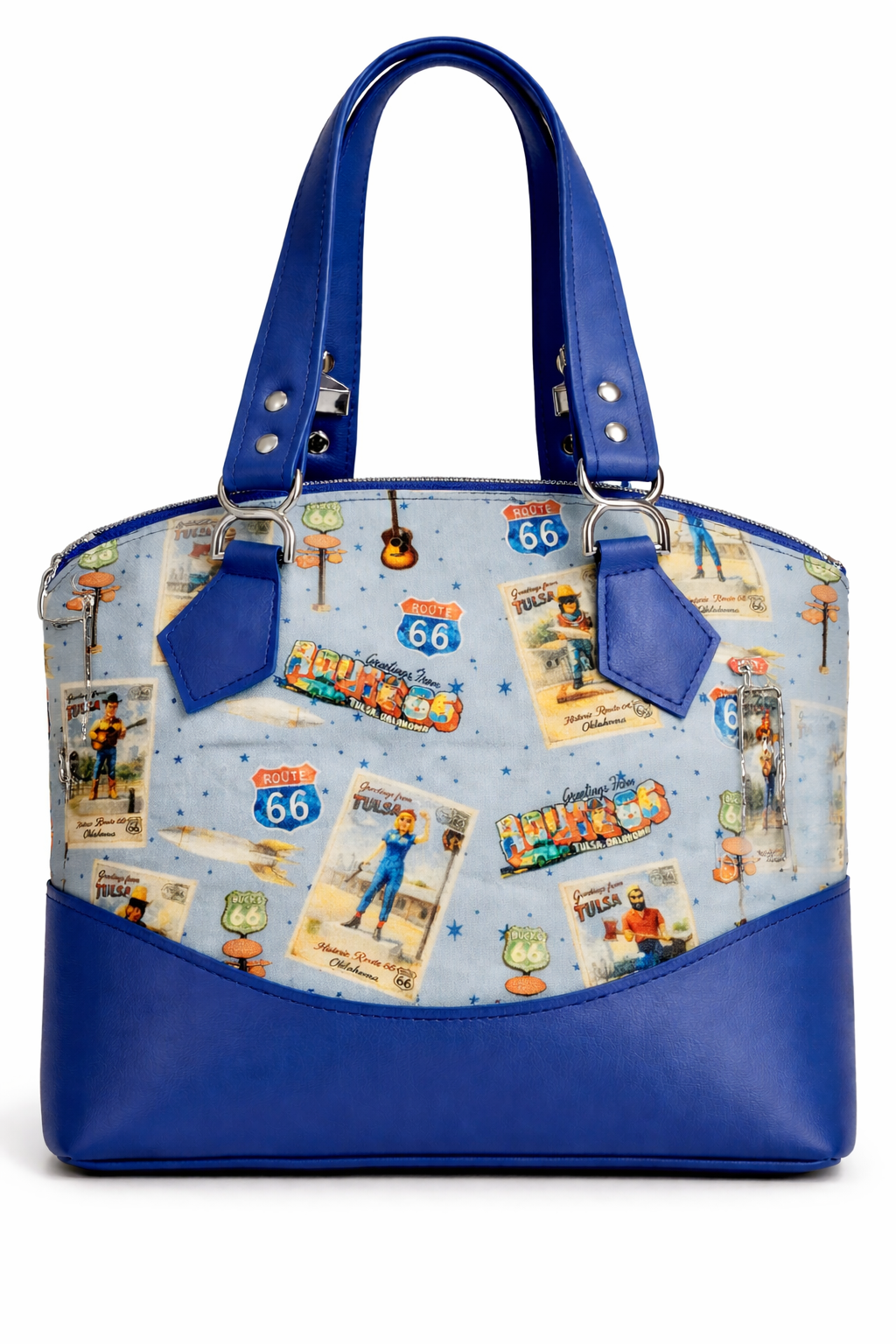 Buck Atoms Greetings Postcard Route 66 Tulsa Domed Handbag