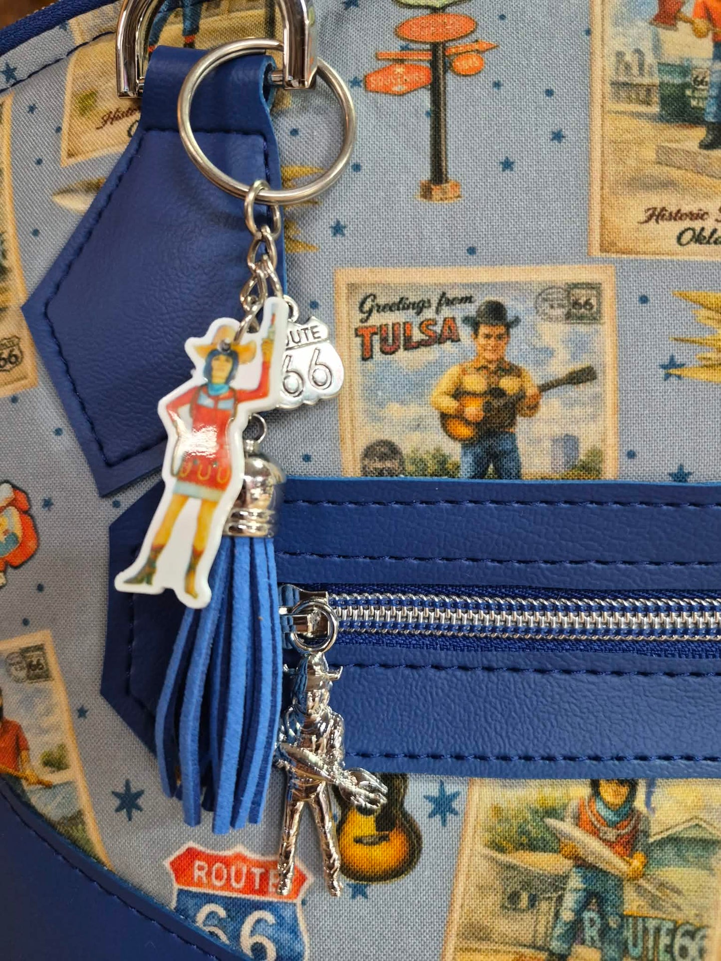 Buck Atoms Greetings Postcard Route 66 Tulsa Domed Handbag