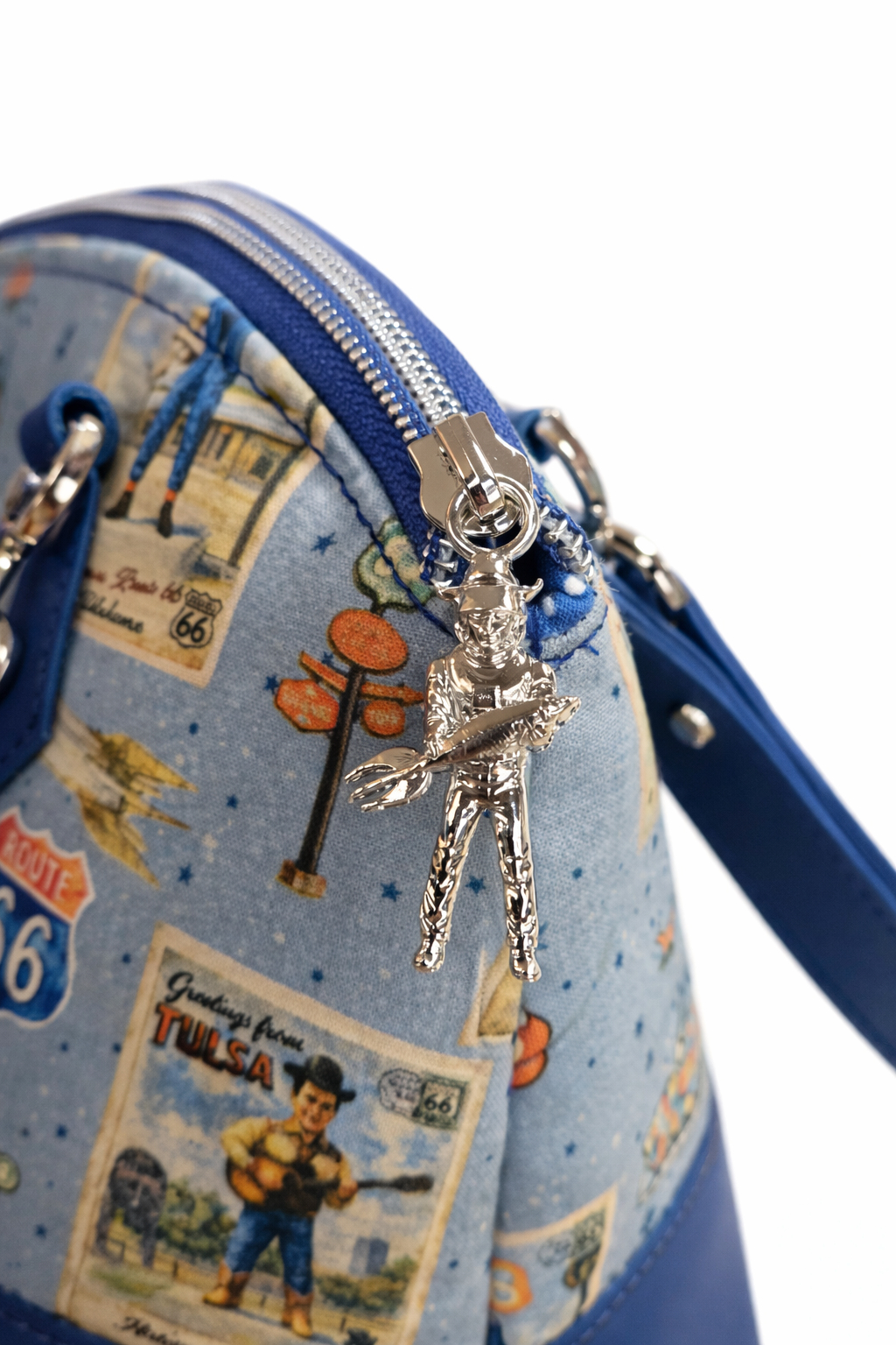 Buck Atoms Greetings Postcard Route 66 Tulsa Domed Handbag