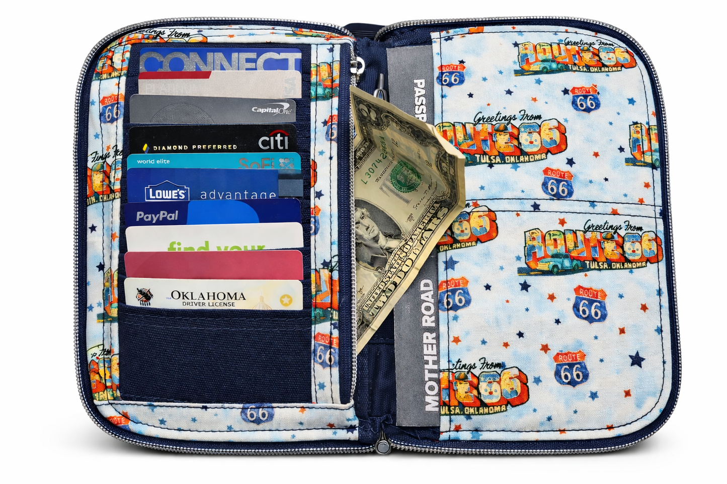 Greetings from Route 66 Tulsa Meadow Gold Mural Zip Around Travel Wallet