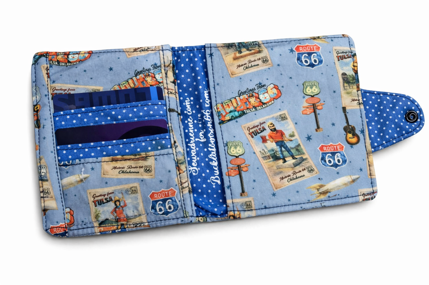 Buck Atoms Greetings Postcard Route 66 Tulsa Passport Wallet