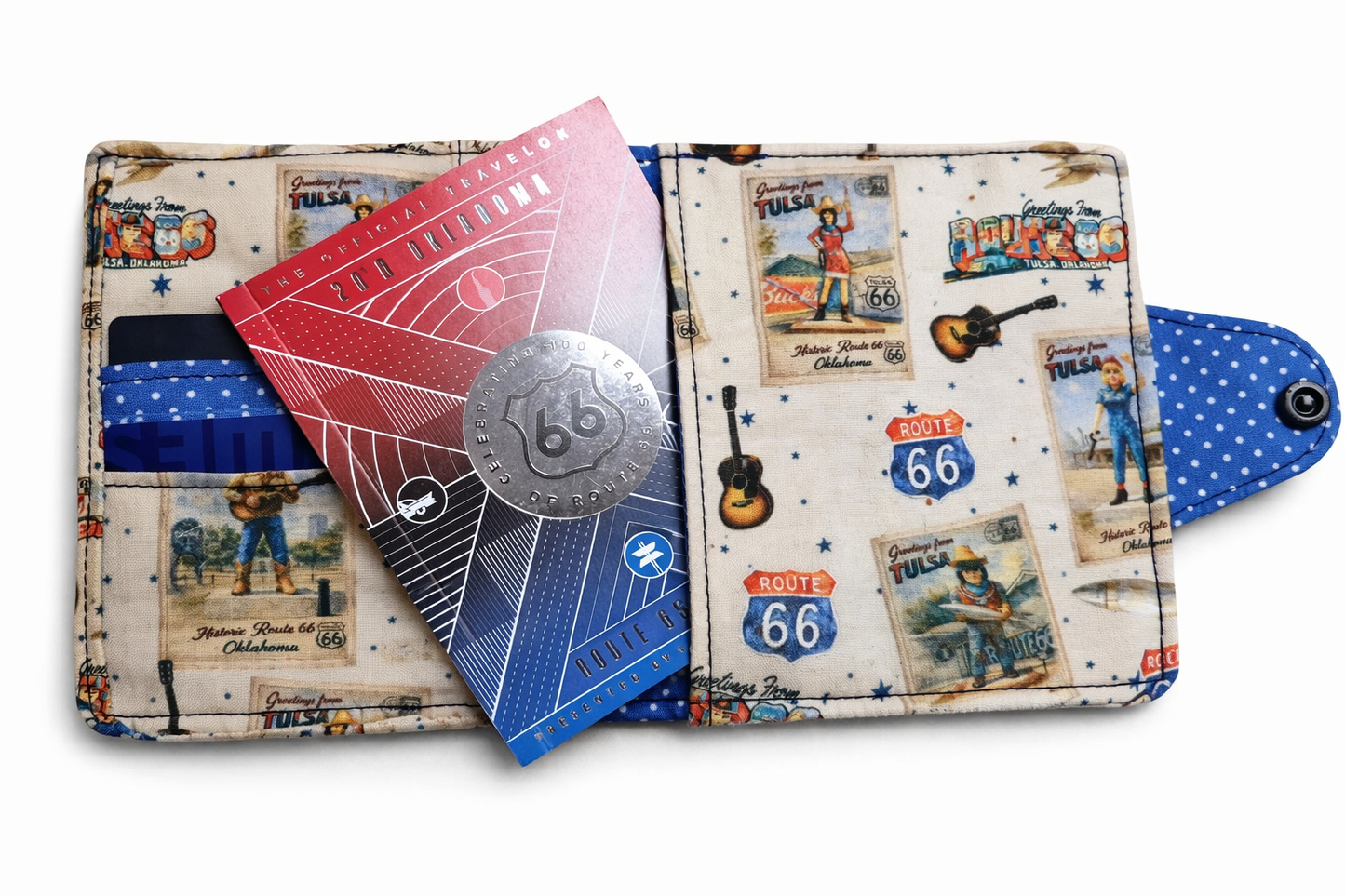 Buck Atoms Greetings Postcard Route 66 Tulsa Passport Wallet