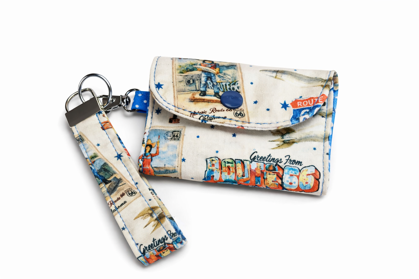 Buck Atoms Greetings Postcard Route 66 Tulsa Key Fob & Card Holder Set